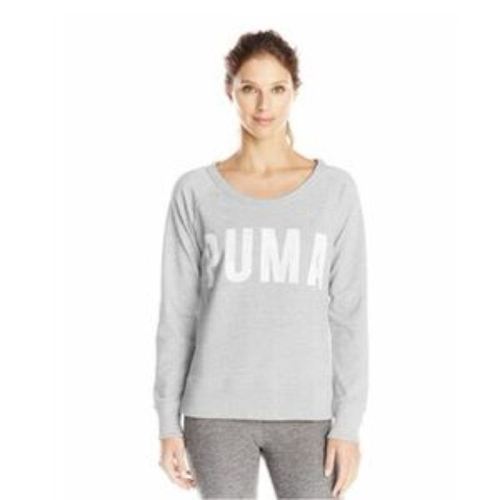 Puma Women’s Spell-Out Sweatshirt Gray Scoop Neck Pullover Split Hem Size Large